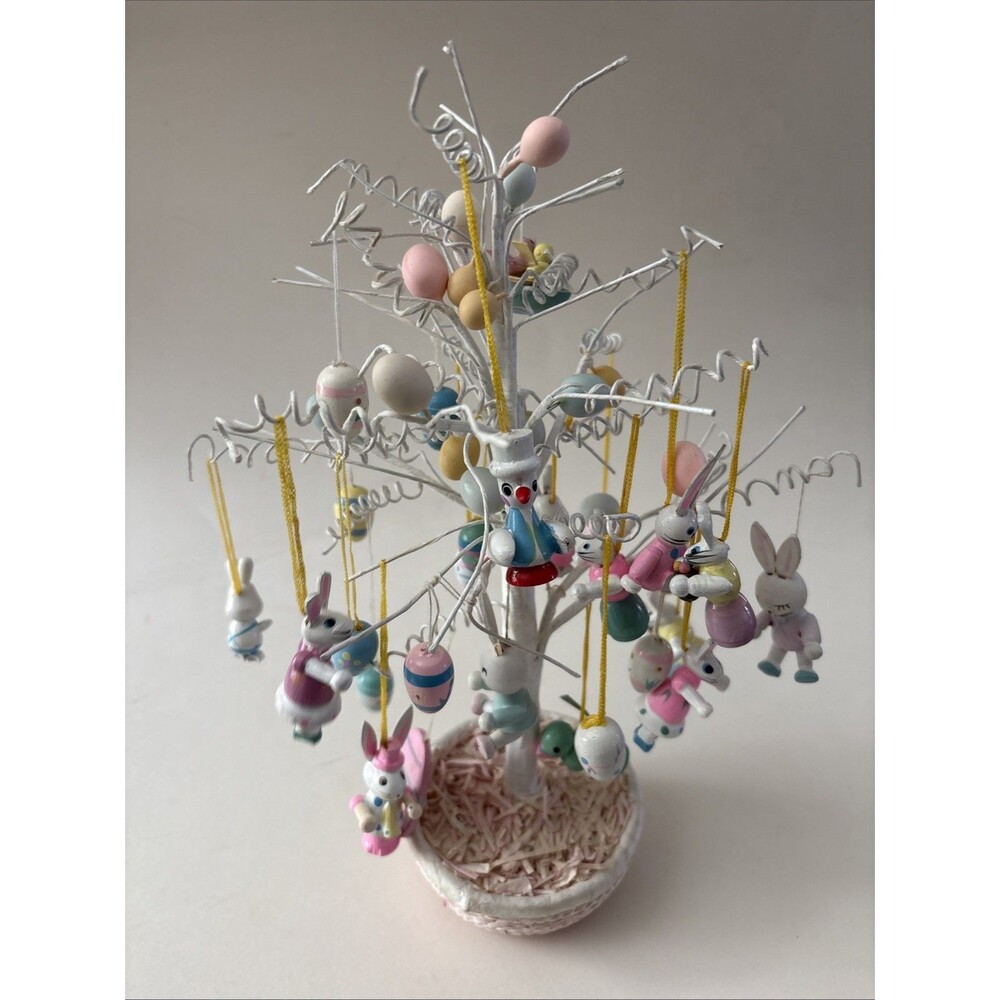 Vintage Wooden Easter Tree Ornaments Bunny Rabbit Eggs Midwest Imports